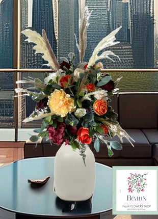 Silk Floral Arrangement in red, orange  Pampas, Rose Vase Decor Rustic Home image 0