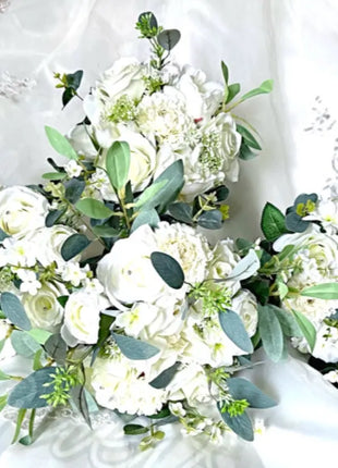 Artificial Roses, Peonies in White Ivory Teardrop Bridal Bouquet | Wedding Fl image 3
