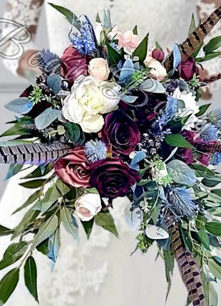 Wedding Flowers Pheasant Feather, Blue, Burgundy with rose Bridal Bouquet image 