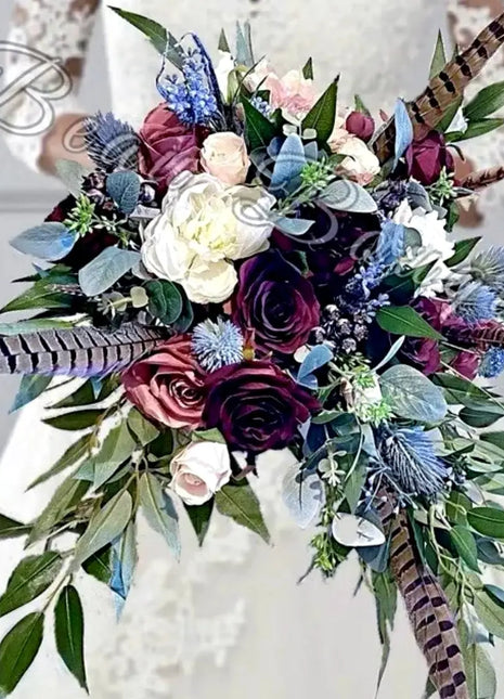 Wedding Flowers Pheasant Feather, Blue, Burgundy with rose Bridal Bouquet image 