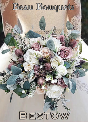 Artificial Wedding Flowers Blue Mauve, Ivory Thistle Round Spray Package 11pc image 1