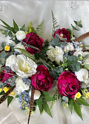 Scottish bridal bouquet with roses pheasant feather, blue ,yellow, red, Ivory image 4