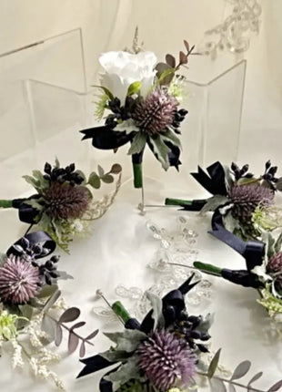 Silk Rose Scottish thistle Bridal Bouquet Wedding Flowers in dusky mauve, Ivory image 1