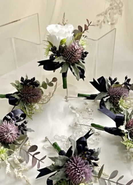 Silk Rose Scottish thistle Bridal Bouquet Wedding Flowers in dusky mauve, Ivory image 1