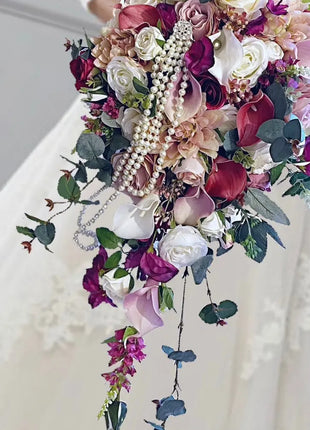 Bridal Cascade Bouquet, Artificial Wedding Flowers  in cerise ,blush pink, ivory image 6