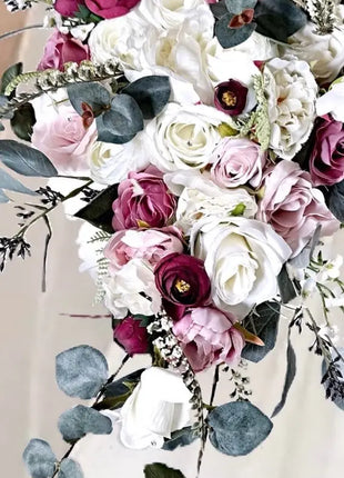 Cascading silk rose Bridal Bouquet, Artificial Flowers in Burgundy, Blush, Ivory image 5