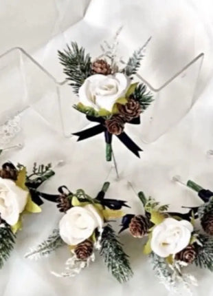 Wintry, Christmas bride bouquet in white, Ivory, cream with fir cones 10pc Beaux Faux Flowers Shop