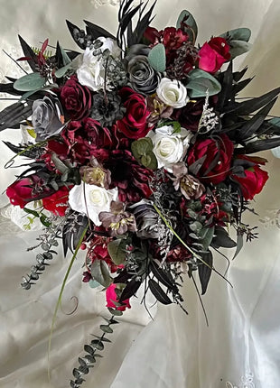 Silk Rose, bamboo leaf Bride Bouquet Wedding Flowers in black, red, grey, Ivory image 4