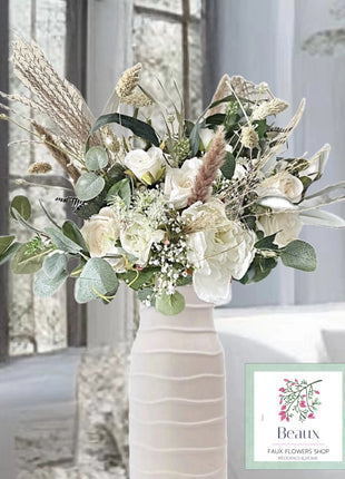 Faux Floral Arrangement in Blush Pink, White with Pampas, Peony, Park Avenue image 0