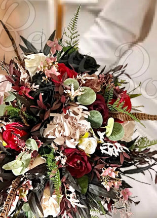 Silk Rose, black ruscus leaf Bride Bouquet Wedding Flowers in black, pink, Ivory image 5