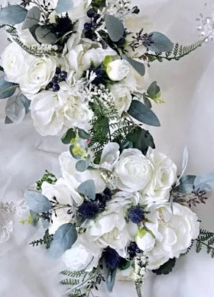 Scottish Bridal bouquet in white, Ivory,  blue with Thistle peony, roses 5pc image 6