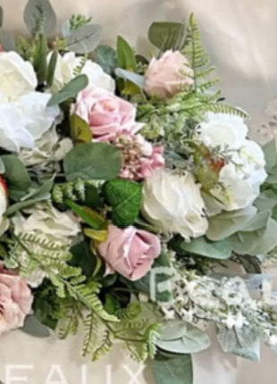 Artificial flowerTable Arrangement with blush, dusty pink and cream roses, eucalyptus, astilbe Beaux Faux Flowers Shop