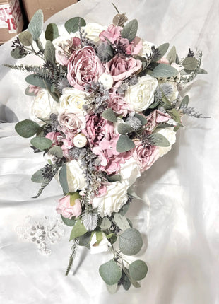 Dusky pink silk rose and grey scottish thistle bridal teardrop bouquet Beaux Faux Flowers Shop