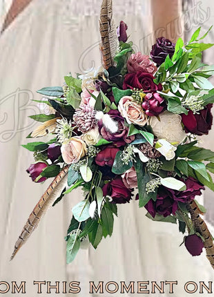 Scottish bridal bouquet with roses pheasant feather,  blue, red, Ivory blush  image 0