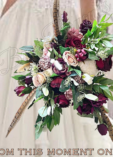 Scottish bridal bouquet with roses pheasant feather,  blue, red, Ivory blush  image 0