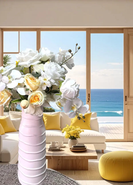 Silk Floral Arrangement in lemon yellow rose, orchid and tulips |Lemon drop Way home decor Beaux Faux Flowers Shop