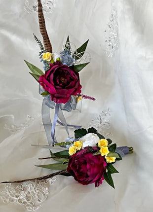 Scottish bridal bouquet with roses pheasant feather, blue ,yellow, red, Ivory image 2