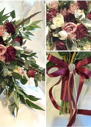 Silk Bridal Wedding Cascade Bouquet in Dusty Pink, Burgundy Pheasant Feathers image 6