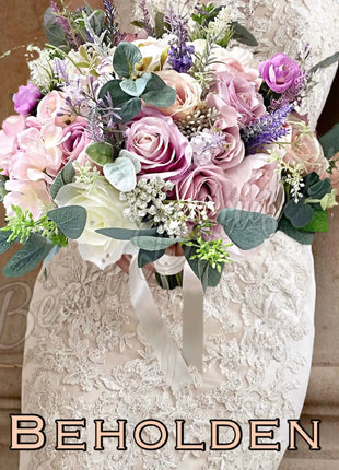 Silk Artificial Rose bouquet mauve, blush, lilac, Ivory round  Bridal flowers image 0