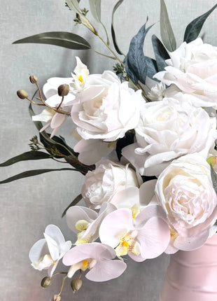 Silk luxury Floral Peony vase Arrangement in Ivory and White with peonies, roses, hydrangea eucalyptus - Ocean Avenue Beaux Faux Flowers Shop