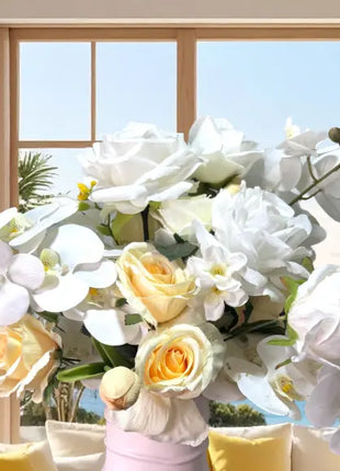 Silk Floral Arrangement in lemon yellow rose, orchid and tulips |Lemon drop Way home decor Beaux Faux Flowers Shop