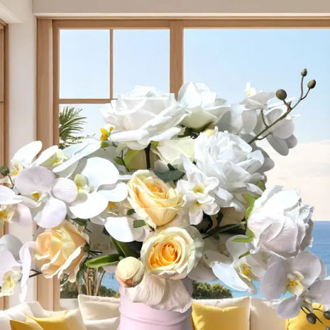 Silk Floral Arrangement in lemon yellow rose, orchid and tulips |Lemon drop Way home decor Beaux Faux Flowers Shop
