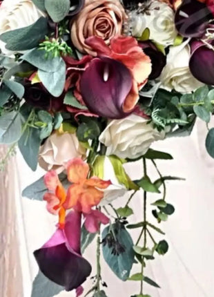 Artificial  Silk Wedding Flowers: Orange, Plum, Ivory Teardrop Bridal Bouquet image 5