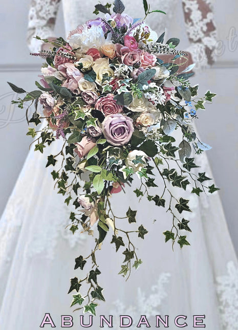 Silk Rose with trailing ivy bouquet -lilac, pink, Ivory Teardrop Bridal Bouquet image 0