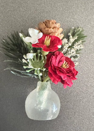 Flower fridge magnet gift wedding favour in  wintry reds with glass vase image 1