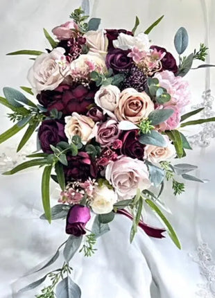Silk Plum purple Rose, hydrangea Cascading Bridal Bouquet Wedding Flowers with Burgundy and Ivory Beaux Faux Flowers Shop