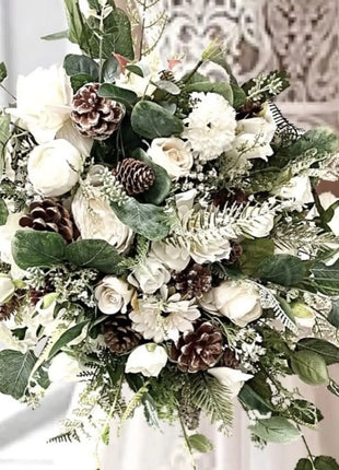 Wintry, Christmas bride bouquet in white, Ivory, cream with fir cones 10pc Beaux Faux Flowers Shop