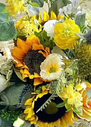 Silk sunflower, rose bouquet - yellow, amber, blue, Ivory round  Bridal flowers image 5