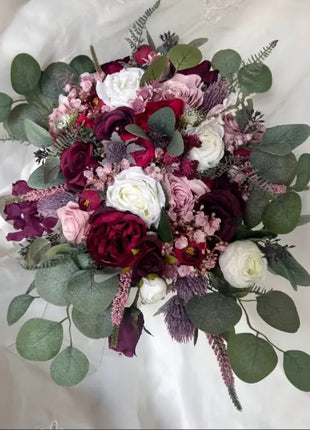 Artificial Silk Wedding loose round Bridal Flowers plum, burgundy with roses, thistles and eucalyptus Beaux Faux Flowers Shop