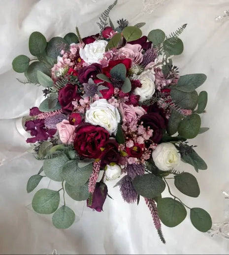 Artificial Silk Wedding loose round Bridal Flowers plum, burgundy with roses, thistles and eucalyptus Beaux Faux Flowers Shop