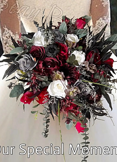 Silk Rose, bamboo leaf Bride Bouquet Wedding Flowers in black, red, grey, Ivory image 0