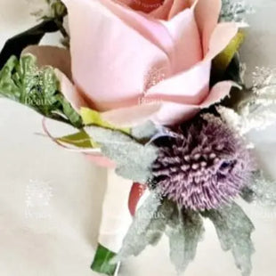 Gents, guest dark dusky pink rose and thistle buttonhole Beaux Faux Flowers Shop