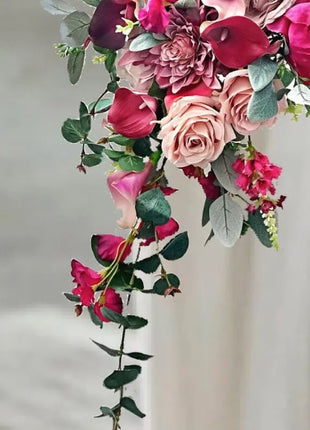 Teardrop Bridal Silk Bouquet, Cerise Pink, White, Ivory with Wild Roses, Peonies image 6