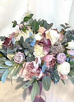 Silk Roses, dahlia, Peony bouquet -llac, pink, mauve, Ivory oval Bridal flowers image 5
