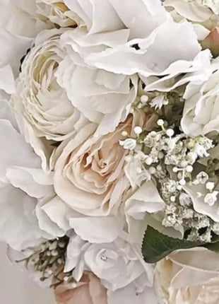 Bridal bouquet in white, Ivory, blush pink with peony, hydrangea, roses 13pc image 3