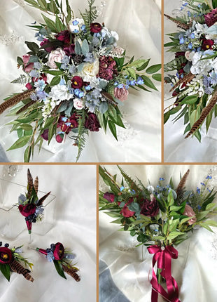 Scottish bridal bouquet with roses pheasant feather,  blue, red, Ivory blush  image 6