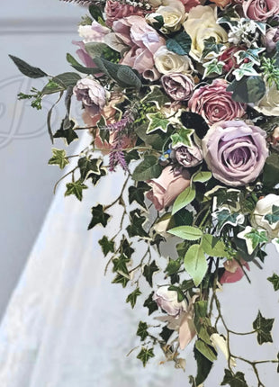 Silk Rose with trailing ivy bouquet -lilac, pink, Ivory Teardrop Bridal Bouquet image 4