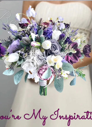 Silk Rose, lilacs, ranunculus bouquet-purple, mauve, Ivory round  Bridal flowers image 6