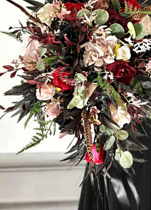 Silk Rose, black ruscus leaf Bride Bouquet Wedding Flowers in black, pink, Ivory image 9