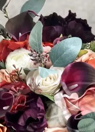 Artificial  Silk Wedding Flowers: Orange, Plum, Ivory Teardrop Bridal Bouquet image 3