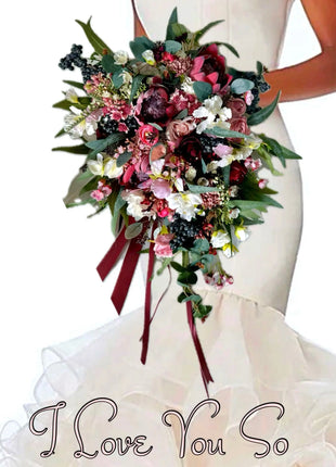 Cascading Bridal Bouquet, Artificial Wedding Flowers in Burgundy, Pink, Mauve image 0