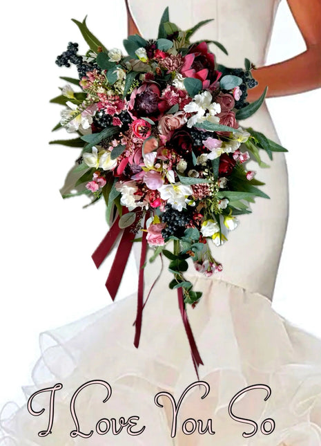 Cascading Bridal Bouquet, Artificial Wedding Flowers in Burgundy, Pink, Mauve image 0