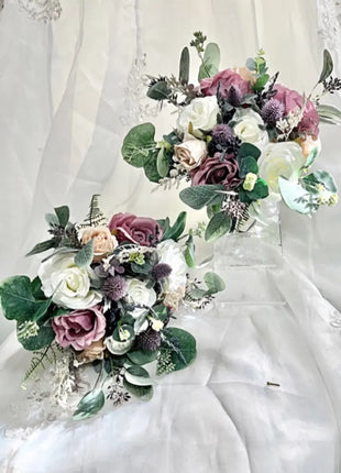 Silk Rose Scottish thistle Bridal Bouquet Wedding Flowers in dusky mauve, Ivory image 2