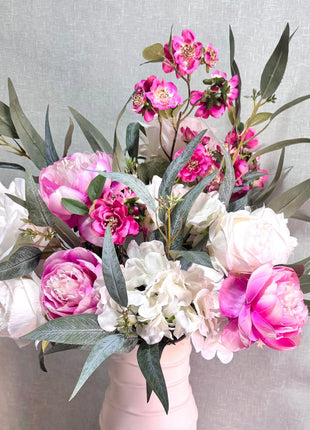 Silk Floral Peony vase Arrangement in cerise and White with peonies, roses, Nicoli eucalyptus - Villa View Beaux Faux Flowers Shop