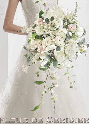 Cascading Bridal Bouquet, SilkWedding Flowers with Pink cherry Blossom, Peony image 0