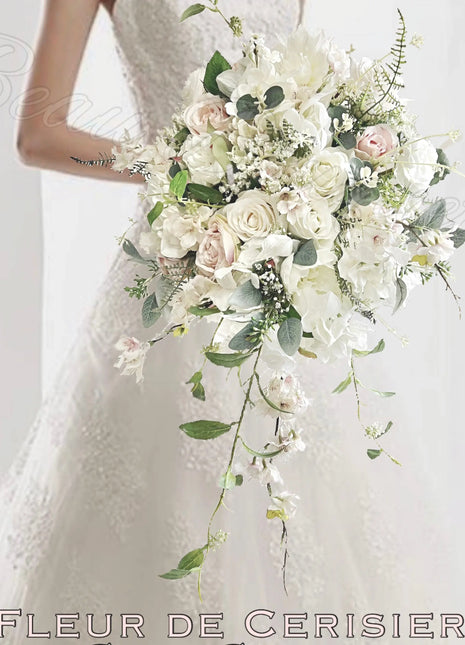 Cascading Bridal Bouquet, SilkWedding Flowers with Pink cherry Blossom, Peony image 0